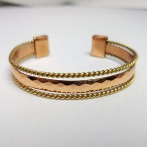 Vintage Copper Color Three Layer Cuff Bangle Bracelet, Hammered Texture, Twist